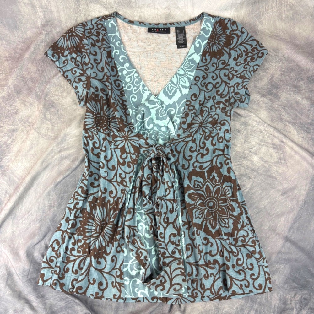 Axcess Y2K Claiborne Blue Brown Floral Scroll Tunic Babydoll Tie Waist Top Large